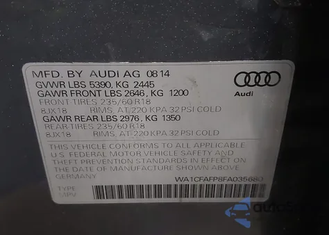 2015 Audi Q5 2.0T Premium from USA, damaged, VIN WA1CFAFP8FA035680